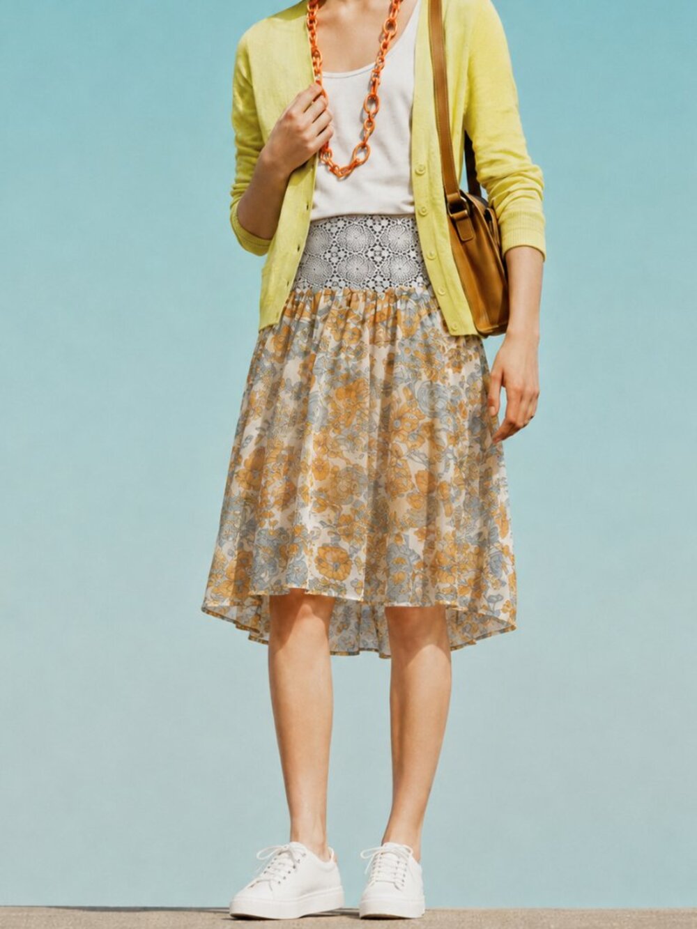 Floral Print Silk Chiffon with Lace Waist Skirt (0356)